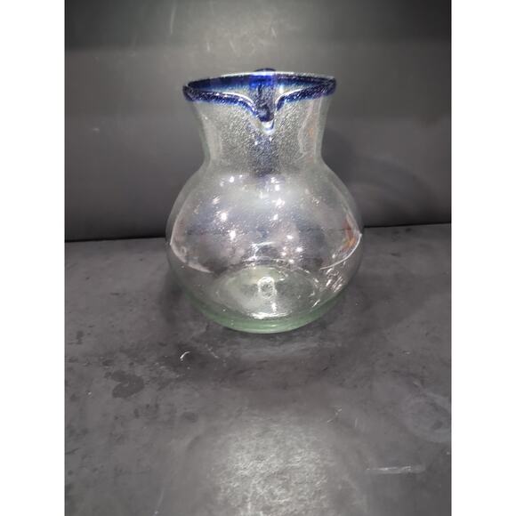 Mexican Hand Blown Glass Pitcher, Cobalt Blue Rim, 160 Oz Bubble Pitcher - Picture 2 of 10